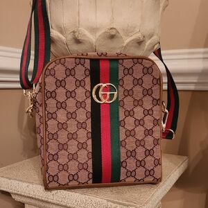 Inspired By Desiners Tan Crossbody Bag with Green and Red Stripes Fancy Shoulder